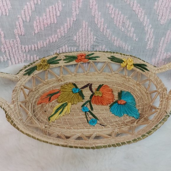 Vintage Boho Casserole Baskets Woven Raffia & Straw w/ Handles - Picture 2 of 8